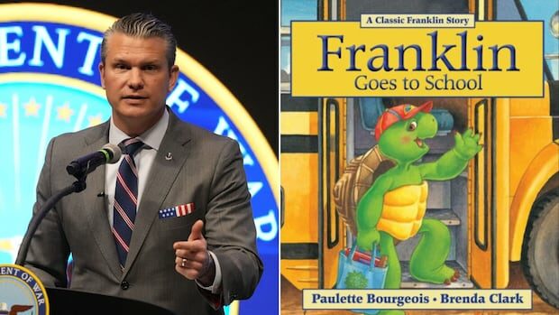 Pete Hegseth vedelmi miniszter botranyos poszt Franklin teknosrol amerikai vedelmi miniszter politikai botrany gyerekkonyv karakterrel